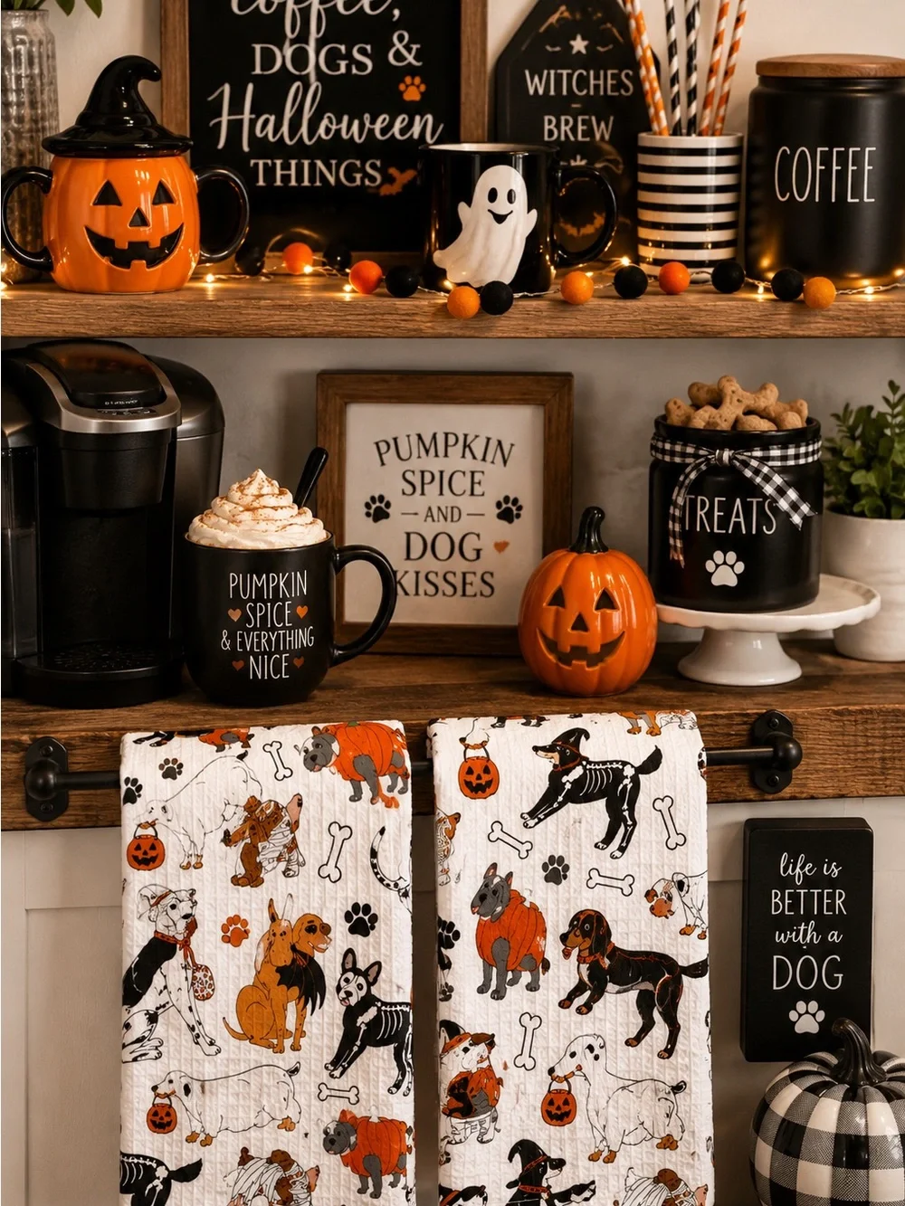 MAKERY Halloween Dog Tea Towels Set of 2 Cotton Kitchen Towels Ghosts Skeletons